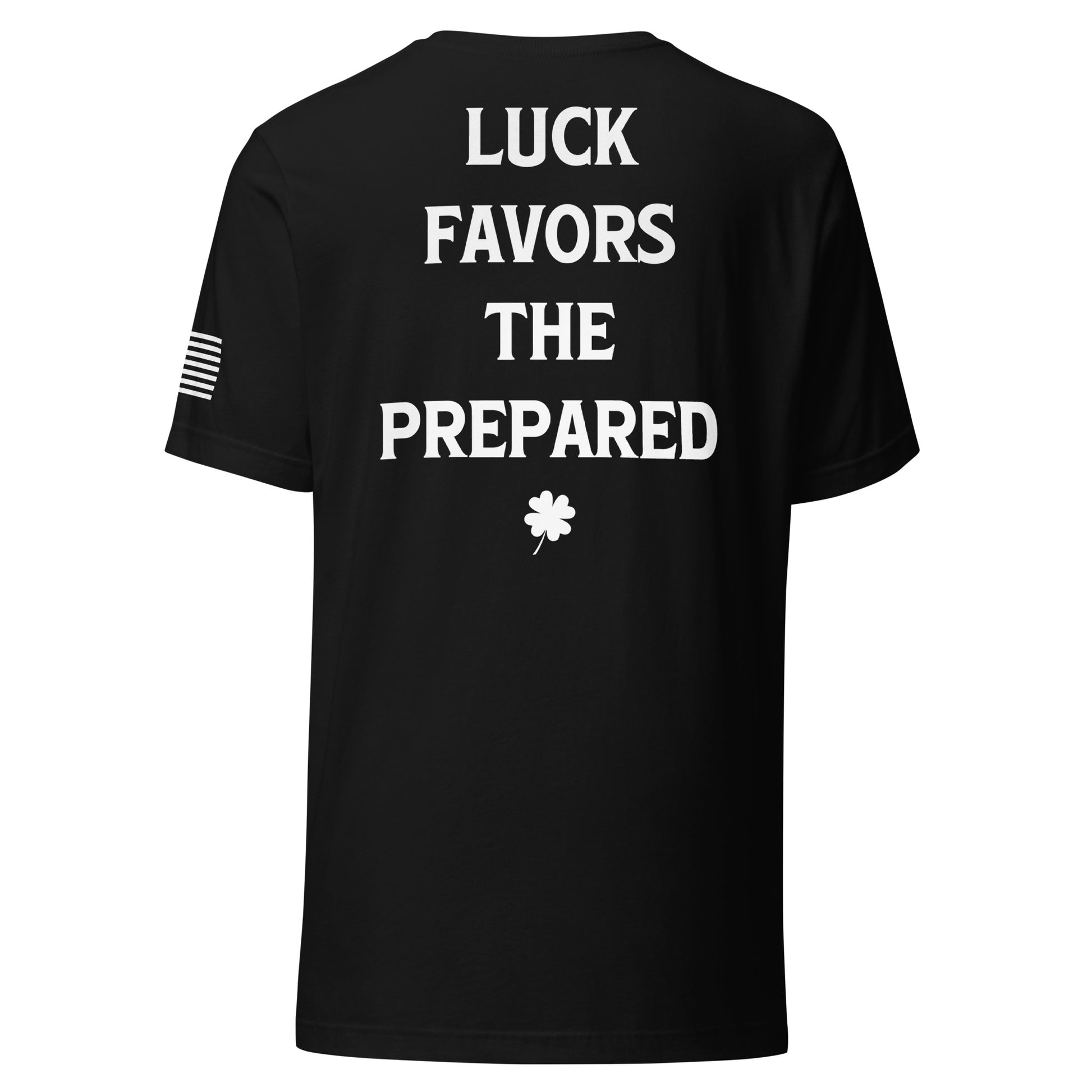 Black Unisex Luck Favors The Prepared T-Shirt featuring an American Flag at the PTFF Logo.