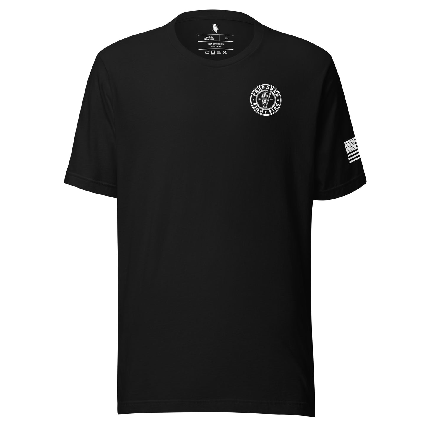 Black Unisex Luck Favors The Prepared T-Shirt featuring an American Flag at the PTFF Logo.