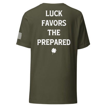 Military Green Unisex Luck Favors The Prepared T-Shirt featuring an American Flag at the PTFF Logo.