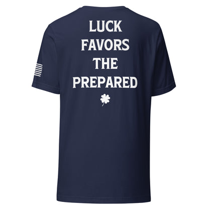 Navy Blue Unisex Luck Favors The Prepared T-Shirt featuring an American Flag at the PTFF Logo.