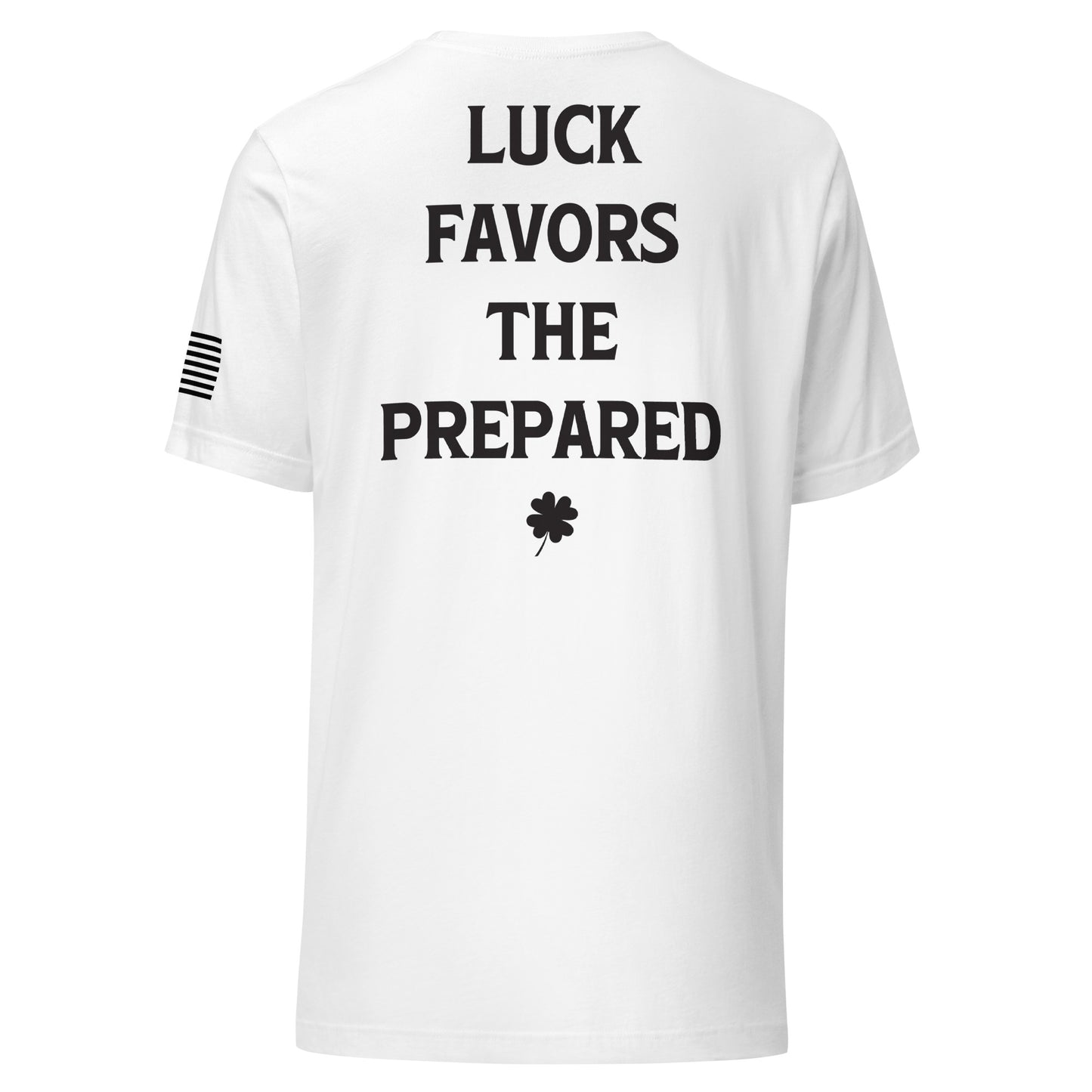 Navy Blue Unisex Luck Favors The Prepared T-Shirt featuring an American Flag at the PTFF Logo.